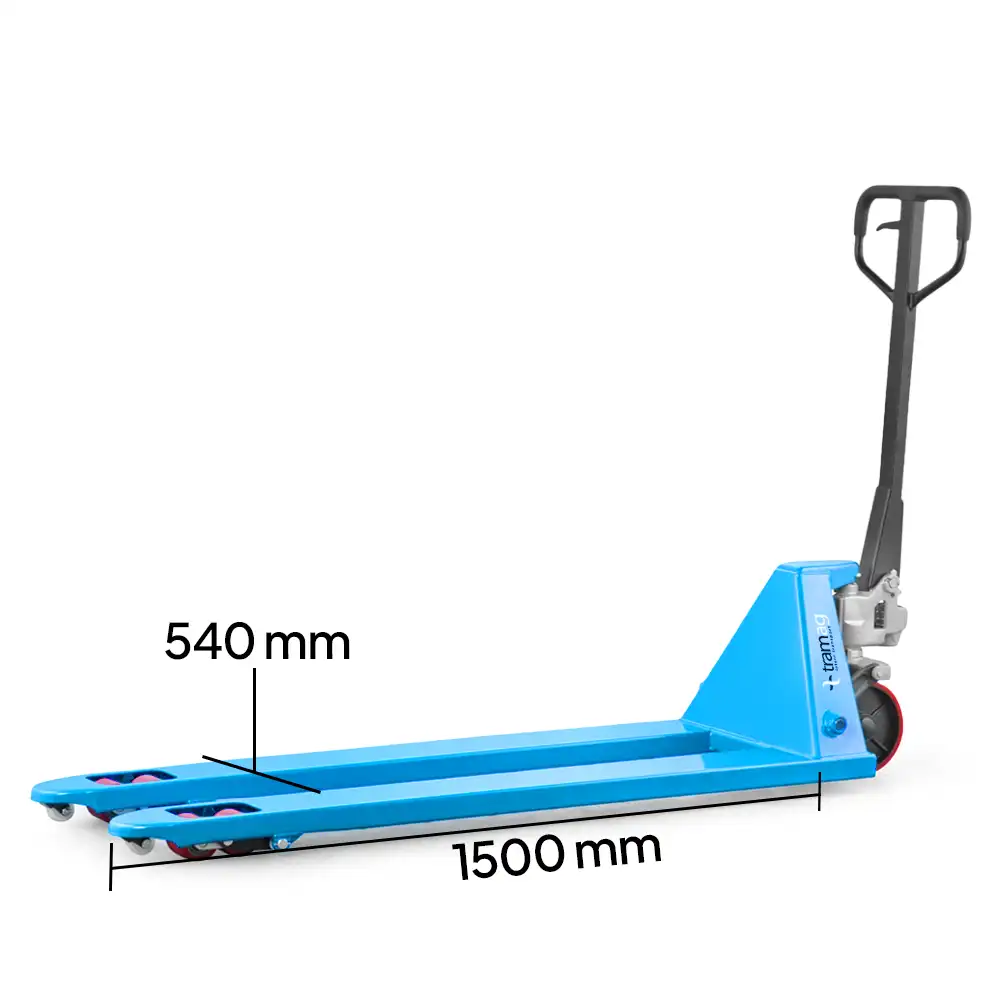 Tramag HPT-P2PXL handpalletwagen met extra lange vorken van 1500 mm en een hefvermogen van 2000 kg.