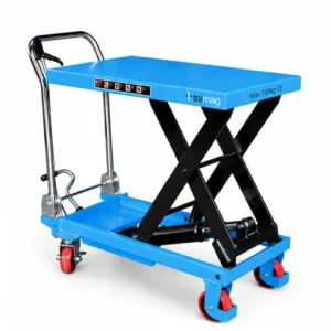 TTF15 verrijdbare hydraulische heftafel 150 kg met schaarlift en blauw werkblad