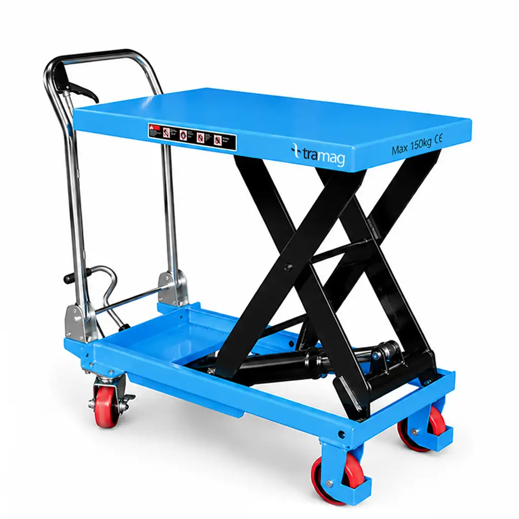 TTF15 verrijdbare hydraulische heftafel 150 kg met schaarlift en blauw werkblad