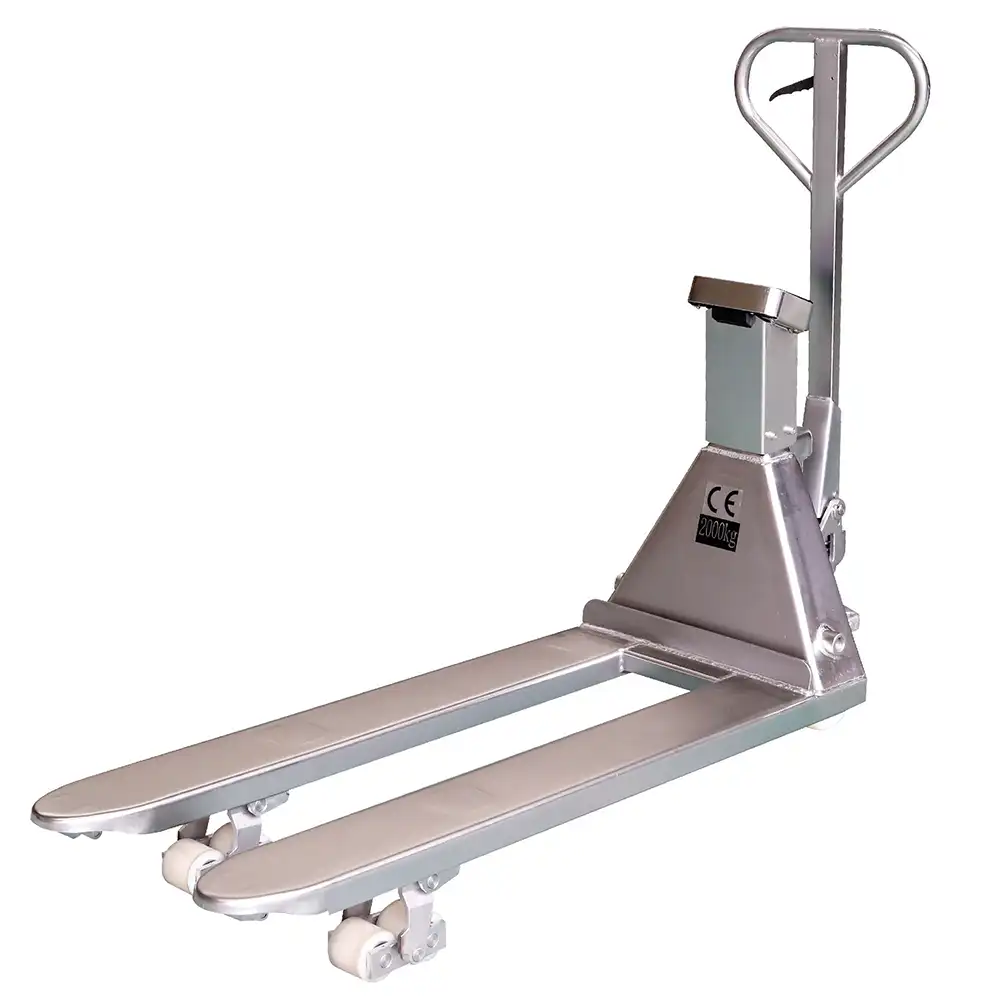 Handpalletwagen roestvrijstaal (RVS) met weegschaal - met nylon lastwielen