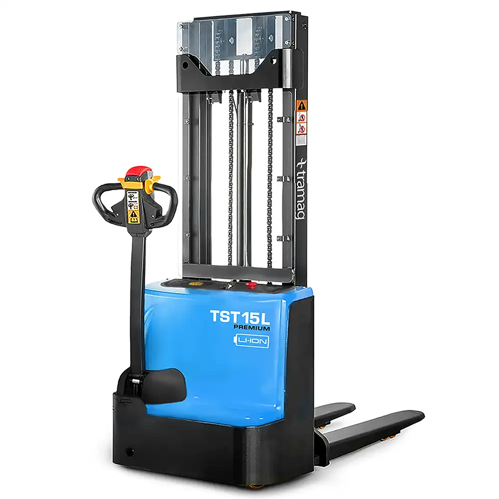 Tramag TST15L elektrische stapelaar met lithium-ion accu, proportionele heffing en 1500 kg hefvermogen.