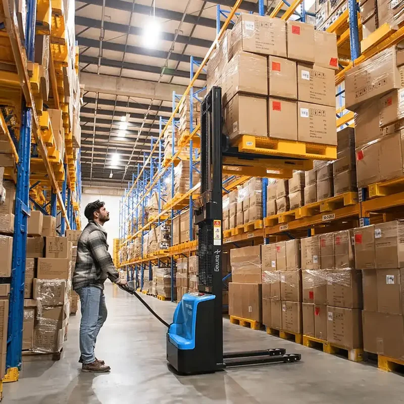 Tramag TST15L elektrische stapelaar met lithium-ion accu tijdens het verplaatsen van pallets in een magazijnomgeving.