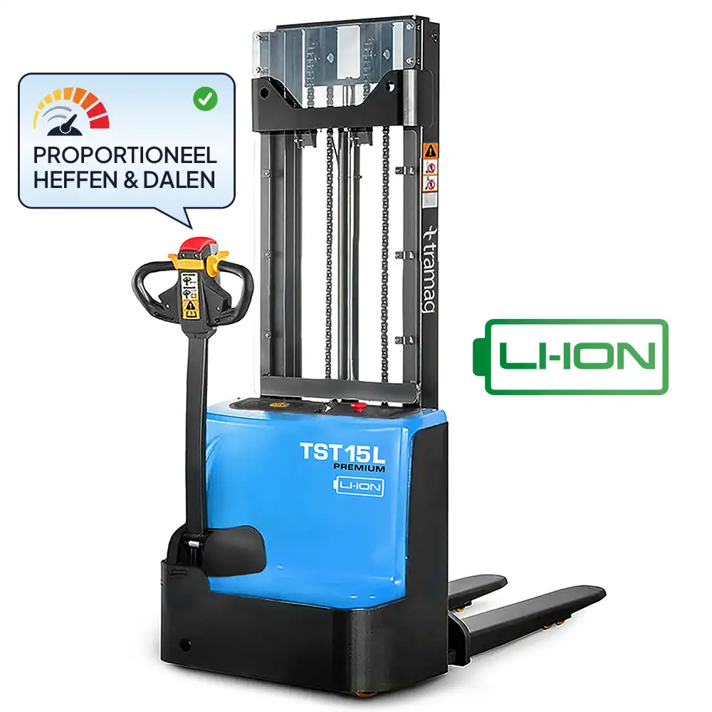 Tramag TST15L elektrische stapelaar met lithium-ion accu, proportionele heffing en 1500 kg hefvermogen.