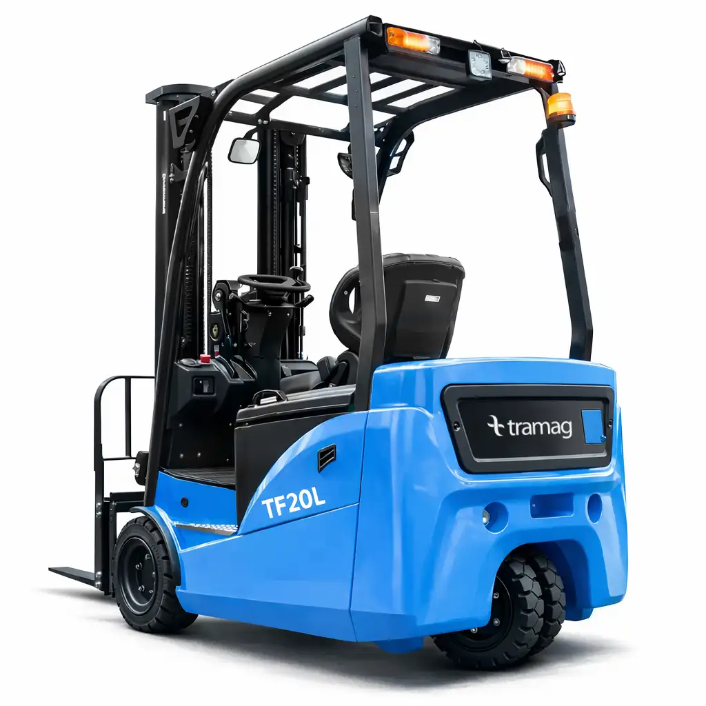 Achteraanzicht van de Tramag TFL20 2 tons elektrische 3-wiel vorkheftruck