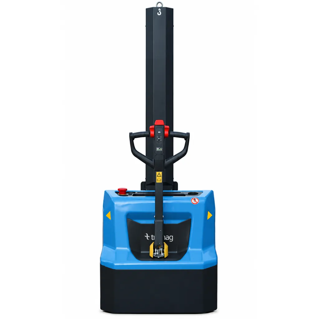 Voorzijde van de TSAH12-M elektrische monomast stapelaar met compacte bouw en automatische hoogteregeling.