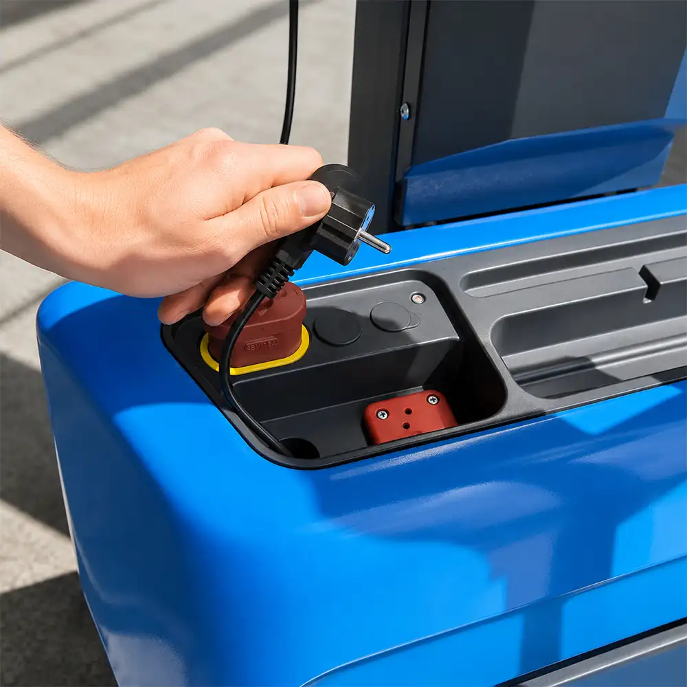 Ingebouwde 230V oplader van de TSAH12-M stapelaar voor eenvoudig opladen via een standaard stopcontact.