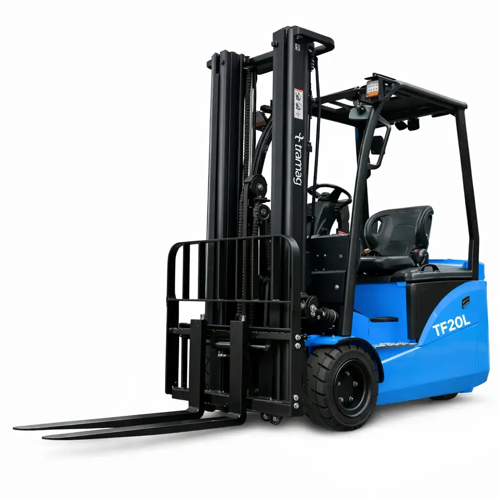 Vooraanzicht van de Tramag TFL20 2 tons 3-wiel elektrische vorkheftruck