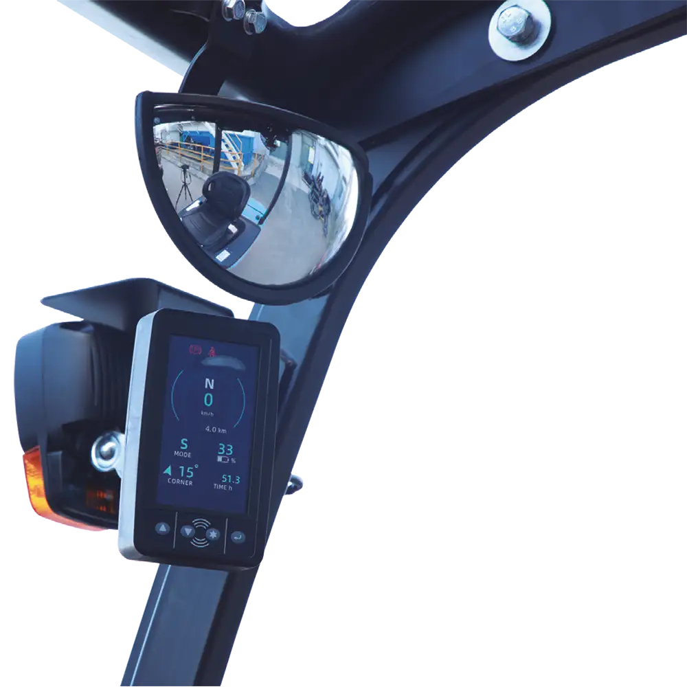 Schematisch overzicht van de Tramag TF20L elektrische 3-wiel heftruck met 2000 kg capaciteit, inclusief rijsnelheid, batterijpercentage en overige technische specificaties