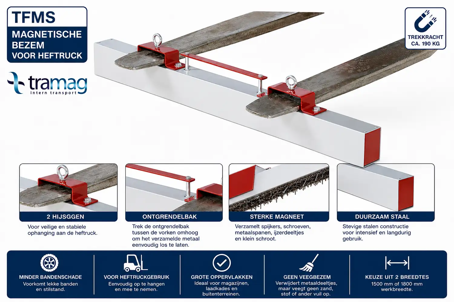Tramag TFMS magnetische bezem voor heftruck met productkenmerken