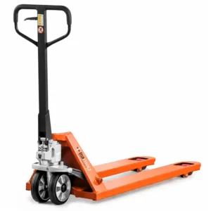 HPT-ORANGE handpalletwagen met rubberen stuurwielen en dubbele vorkwielen op een witte achtergrond.